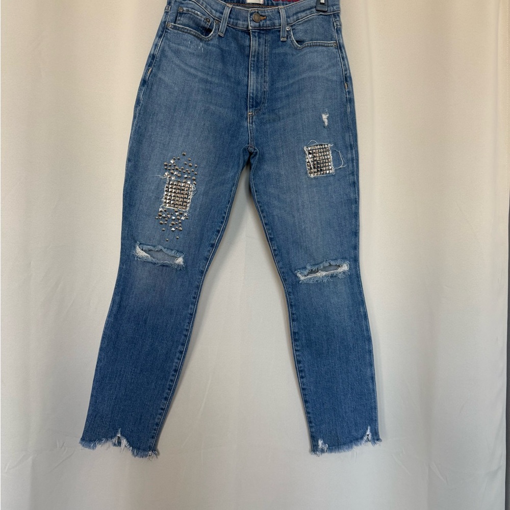 Alice + Olivia High Rise Blue Jeans with Distressed Details
